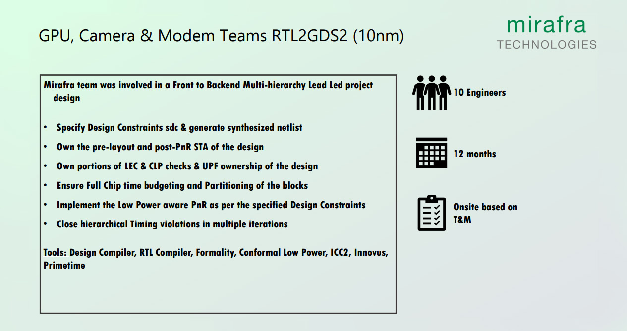 GPU, Camera & Modem Teams RTL2GDS2 (10nm)